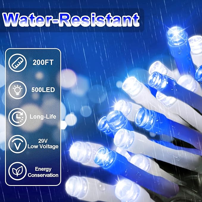200 FT 500 LED Christmas Lights Outdoor Fairy Lights Plug In Extra Long String Lights Clear Wire Waterproof 8 Modes Timer for Outside House Tree Garden Yard Wedding Party Decorations-Blue & White