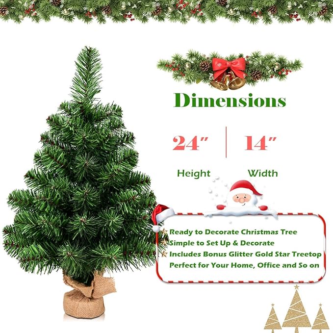 GOFLAME 2ft Mini Artificial Christmas Tree, Tabletop Spruce Christmas Tree with New PVC Material and Cement Base, Perfect for Indoor Decoration