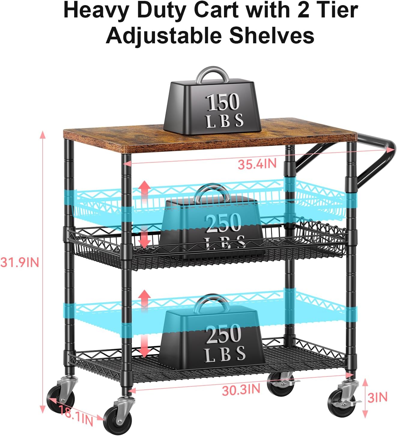 WDT 3 Tier Rolling Carts with Wheels, Heavy Duty Rolling Utility Cart with Wood Tabletop, Commercial Grade Metal Cart with Handle and Hooks, NSF Storage Serving Carts for Kitchen Island, Wood+Metal
