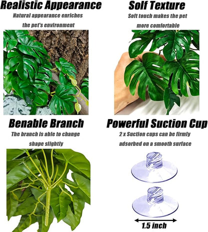 Woyrise Reptile Plants, Terrarium Hanging Plant Vines, Artificial Leaves with Suction Cup, Bearded Dragon Tank Accessories for Gecko Lizard Snake Frog Tortoise Decorations - Monstera