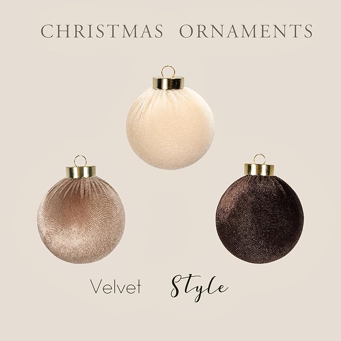 18PCS Velvet Christmas Ornaments – Large Matte Flocked Shatterproof Baubles for Xmas Tree Decoration, Neutral Hanging Ornaments for Holiday Home Décor (Dark Light Brown, Cream White, 3 Inch / 8 cm)