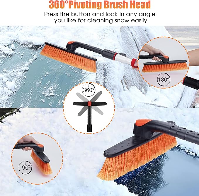 FOVAL 47.2" Extendable Snow Brush and Wider Ice Scraper (4.73" Width) with 360° Pivoting Brush Head, Snow Removal Tool Car Brush with Comfortable Foam Grip for Car Windshield, Trucks, SUVs