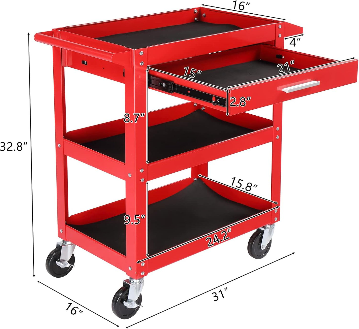 TUFFIOM 3 Tier Rolling Tool Cart with Drawer, Tool Service Cart on Wheels w/2 Brake, 330 LBS Capacity Industrial Heavy Duty Utility Cart, Tool Organizer for Mechanic, Garage, Warehouse & Repair Shop