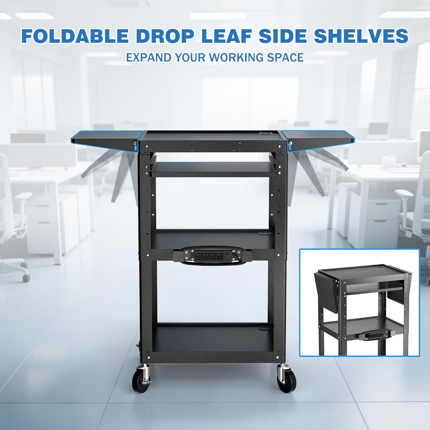 Large Steel AV Cart with Power Strip & Drop Leaves - Height Adjustable Metal Madia Cart with Wheels - Heavy Duty Rolling Computer Workstation for Laptop Projector Printer TV, Black (46" x 18")