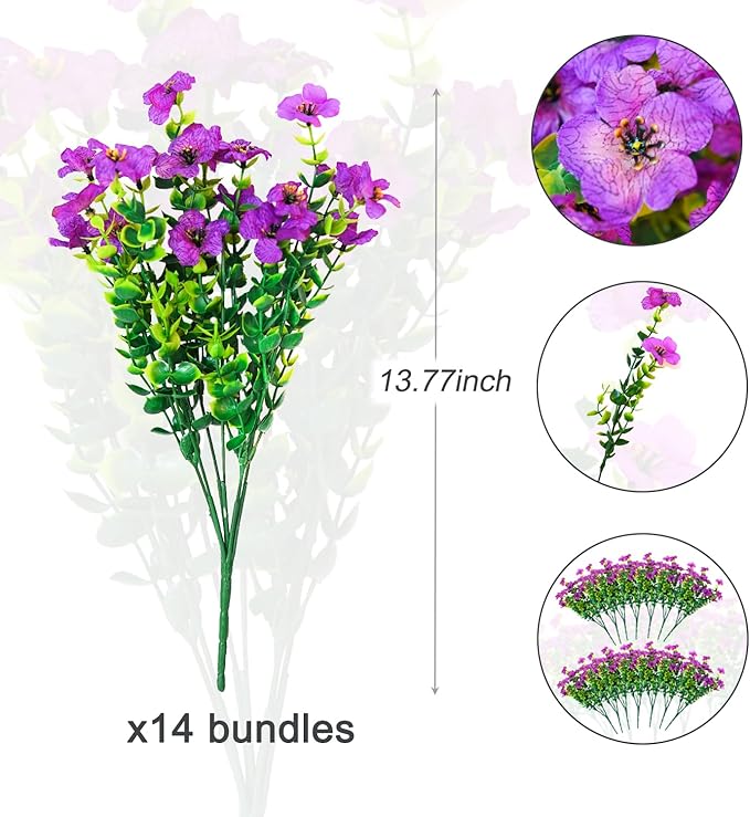 14 Bundles Fake Mums Fake Plants Artificial Mums for Outdoors Artificial Flowers for Yard Porch Home Garden Fall Indoor Outdoor Decor(Purple)