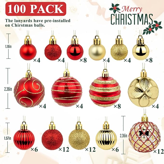 100 Pack Red and Gold Christmas Ball Ornaments Set, Hand-Painted Shatterproof Hanging Decorations, Assorted Baubles Bulk for Xmas Tree Wreath, Winter Holiday Home Party Decor
