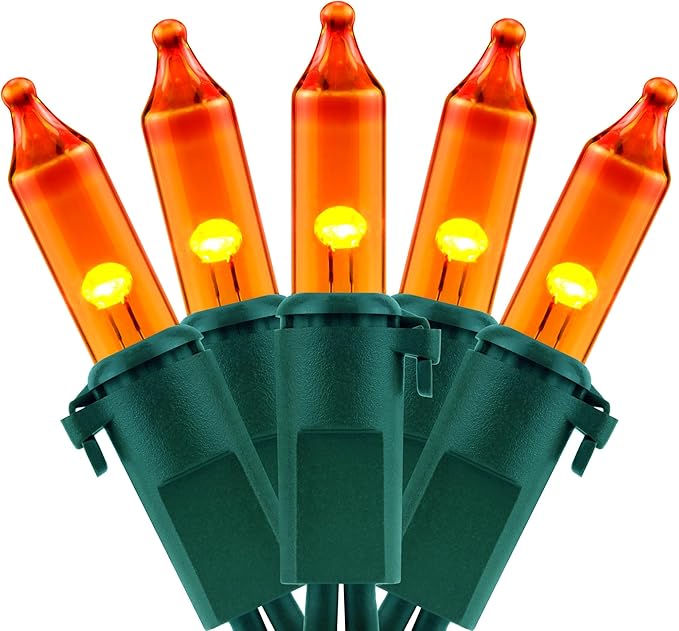 YULETIME 100 Count Orange Christmas Lights, 33 Feet Green Wire UL Certified Incandescent-Like LED Mini String Lights