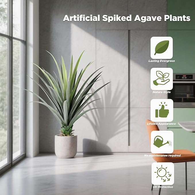 Agave Plant Artificial with 30 Leaves, Set of 1 Faux Spiked Agave Plants, 4ft Artificial Spiked Agave Plant for Indoor and Outdoor Decor, Perfect for Porch, Living Room, Bedroom, Patio and Office