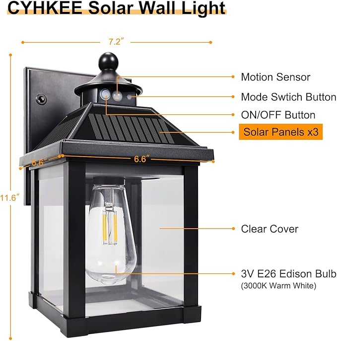 Solar Wall Lights Outdoor: Solar Porch Sconce Light Dusk to Dawn Waterproof Lantern Fixture with 3 Lighting Modes & Motion Sensor - for Front Door Garage Porch Yard Fence