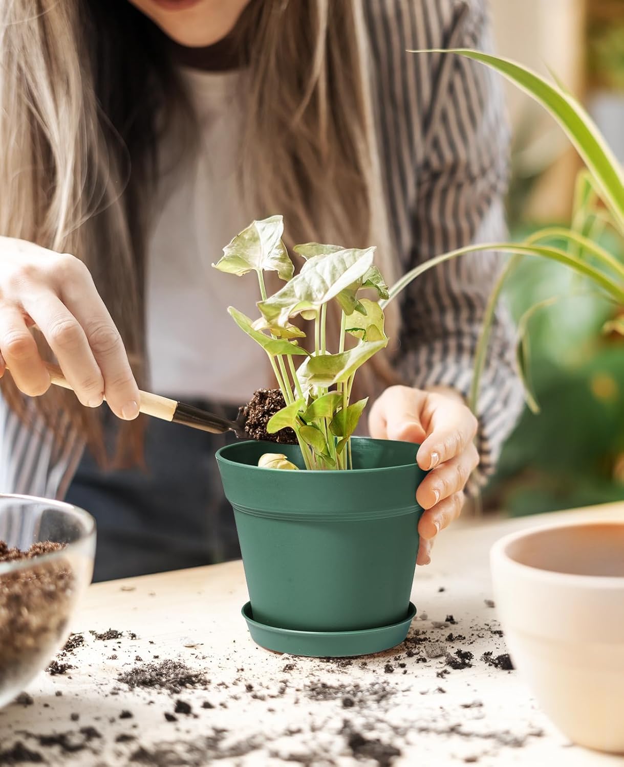 homenote Plant Pots,15 Pack 6 inch Flower Pots with Multiple Drainage Holes and Saucers,Plastic Planters for All Home Garden Flowers Succulents(Green)