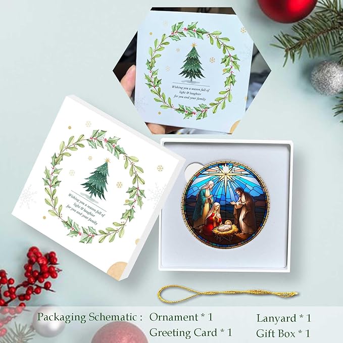 Nativity Night Ornaments Round Ceramic Stained Glass Style Birth of Jesus Christ Hanging Ornament Christmas Keepsake Decor for Xmas Tree Winter Holiday Xmas Gift for Women Men 3"