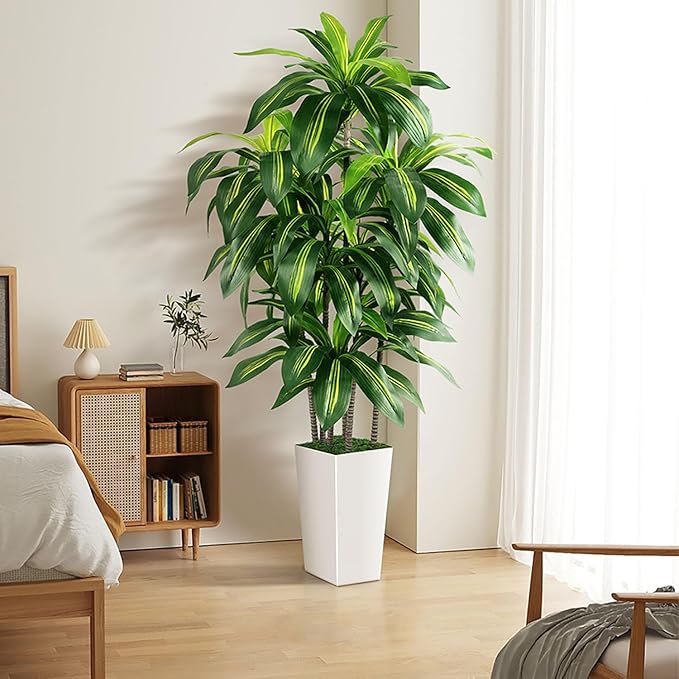 Artificial Dracaena Tree Indoor, 5FT Tall Fake Tree with White Tall Planter, Artificial Tree Fake Yucca Potted Tree for Home Office Living Room Decor, Tall Artificial Plant for Housewarming