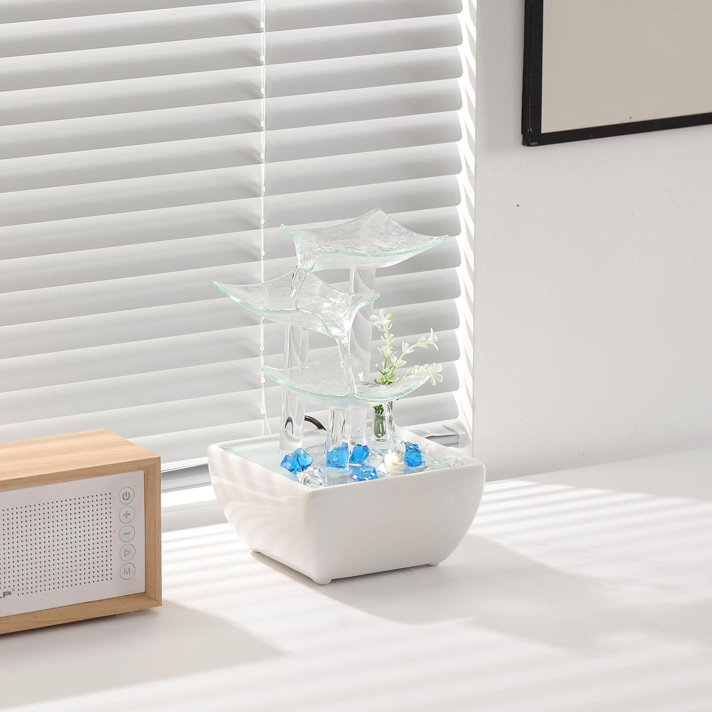 Ceramic and Glass Tabletop Fountain for Indoor and Home Decoration Table Desk Office Patio White