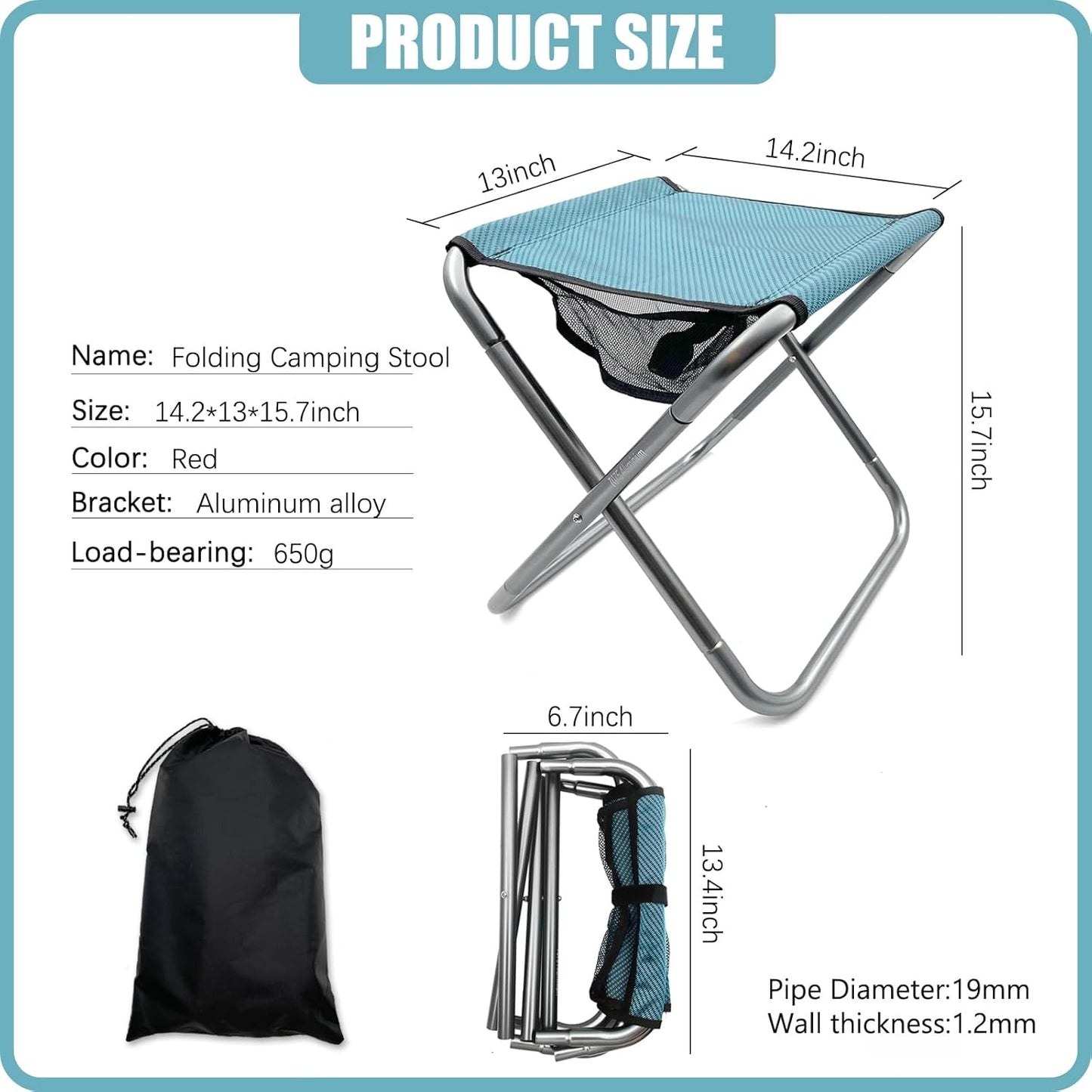 16 Inch Tall Portable Folding Camping Stool - Aluminum Alloy Lightweight Seat With Carry Bag for Fishing, Outdoor Camping, Hiking and BBQ - Red