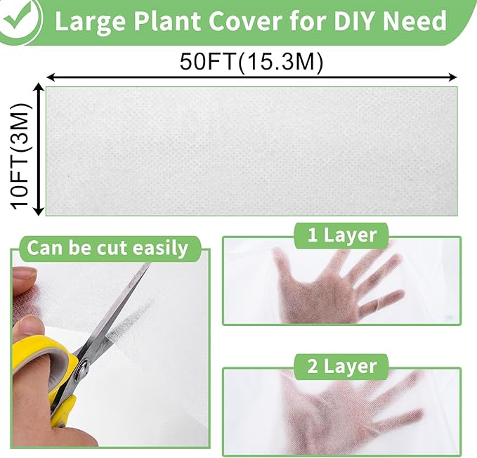 SPORTYOUTH Plant Covers Freeze Protection 10 x 50 FT 1.2 oz/yd² Frost Cloth Blankets Large Thicker Garden Floating Row Cover Fabric for Outdoor Plants Winter Cold Fruits Flowers Protection, White