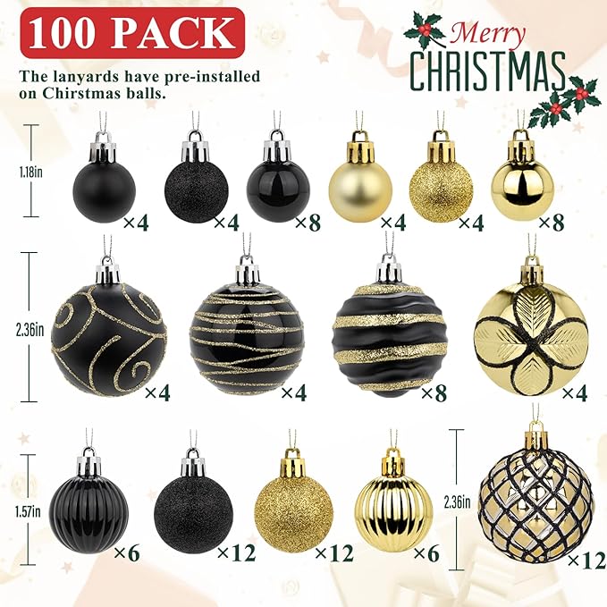 100 Pack Black and Gold Christmas Ball Ornaments Set, Hand-Painted Shatterproof Hanging Decorations, Assorted Baubles Bulk for Xmas Tree Wreath, Winter Holiday Home Party Decor