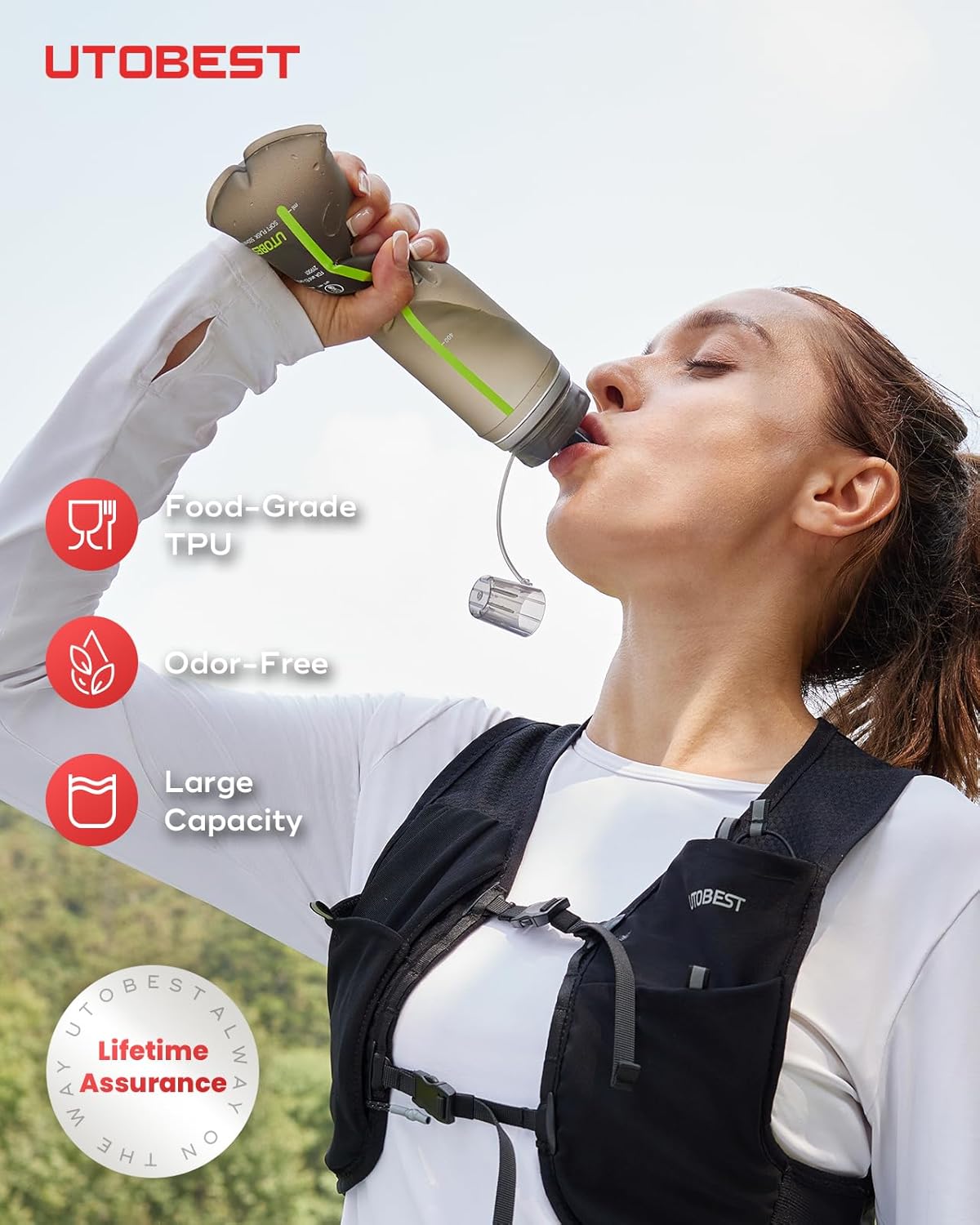 UTOBEST 500ml Soft Flask, 2 Pack Flexible TPU Hydration Water Bottle, Collapsible with 42mm Caliber for Running, Hiking, Cycling, Climbing, and Marathon Green