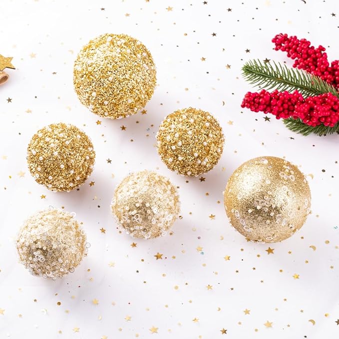 12CT Christmas Ball Ornaments, Gold Christmas Ball Decorations Shatterproof Plastic Hanging Pearl Balls for Holiday Party(70mm/2.76")