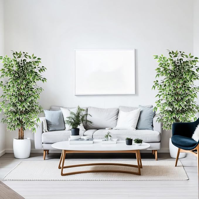 GTIDEA 2 Pcs 6ft Ficus Artificial Trees, Tall Faux Trees Indoor with Natural Trunk and Fake Silk Tree Fake Plants for Home Spring Decor Living Room Outdoor Balcony House Office (Included Dried Moss)