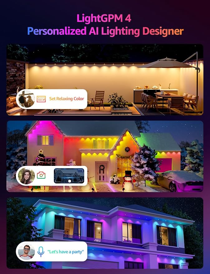 Lepro E1 AI Permanet Outdoor Lights, 100ft 60 LED RGB+IC+Warm/Cool White Smart Outside Light for House Christmas Decor, Alexa Google Enabled, 2.4 GHz WiFi/Bluetooth, APP Control NO Remote Controller
