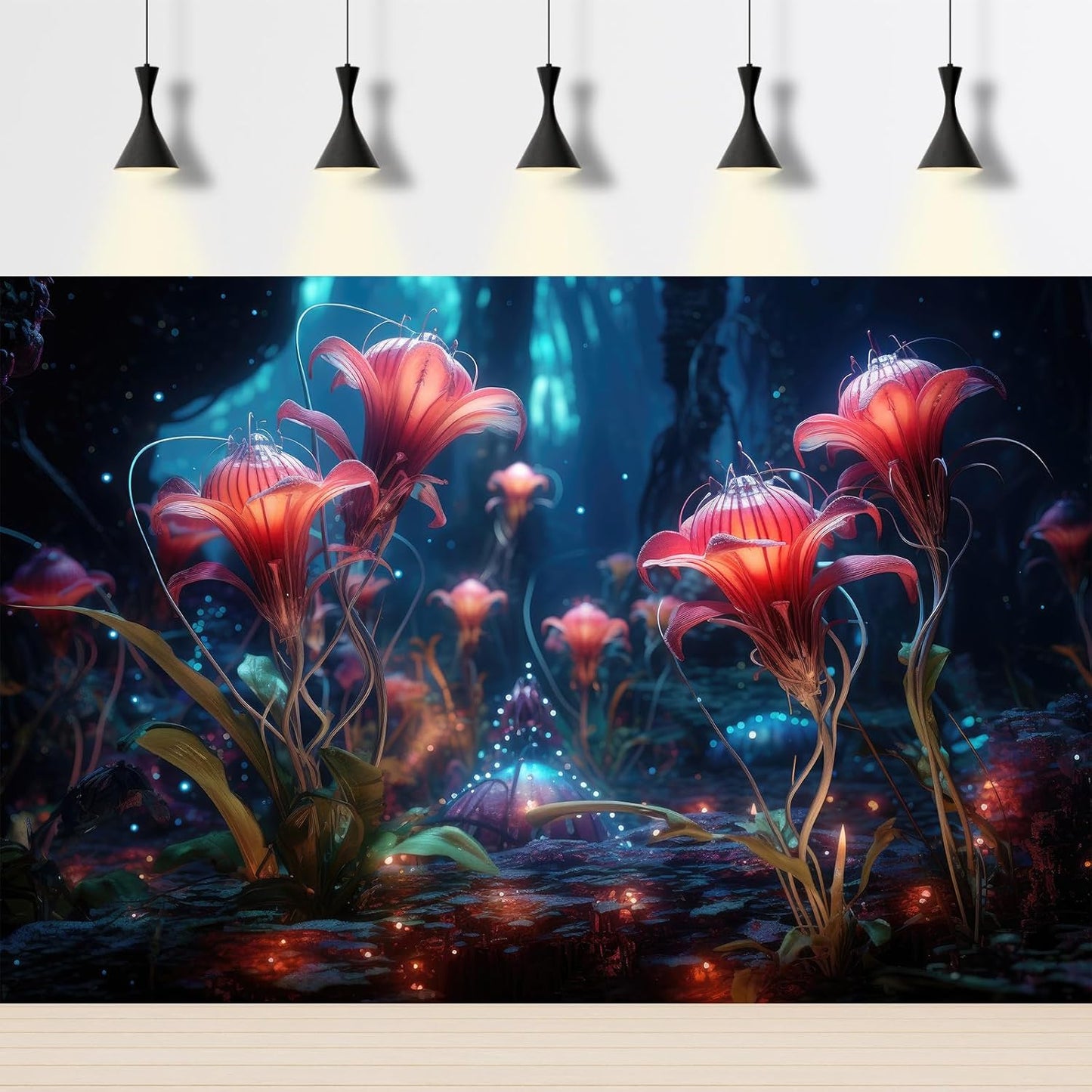 Aquarium Background Beautiful Red Translucent Flowers Terrarium Background Abstract Fantasy Plants Underwater World Tank Poster Glowing Flowers Foggy Forest Fish Tank Background Decors Vinyl 36x20in