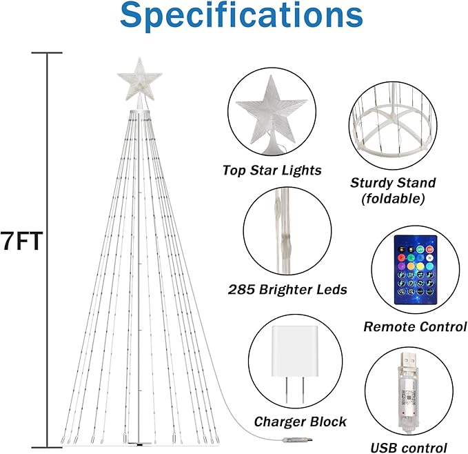 7FT Smart Christmas Cone Tree Lights, 2025 Waterproof Outdoor LED Christmas Tree with App & USB Control, Remote Timer, Music Sync, Prelit for Outside Porch Yard Xmas Decorations