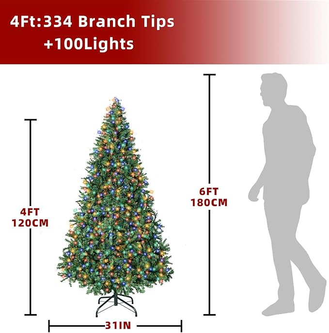 ININ 4FT Prelit Christmas Spruce Artificial Tree with Led Lights, Lighted Christmas Tree，Hinged Full Xmas Tree for Home Party Decoration,100 LED Lights,334 Branch Tips, Metal Hinges & Foldable Base.
