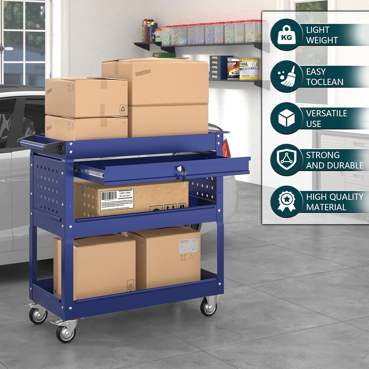 3 Tier Rolling Tool Cart on Wheels with Locking Drawer - Metal Service Cart Industrial Utility Cart for Mechanic - 350 LBS Mobile Storage Organizer for Garage, (Blue)