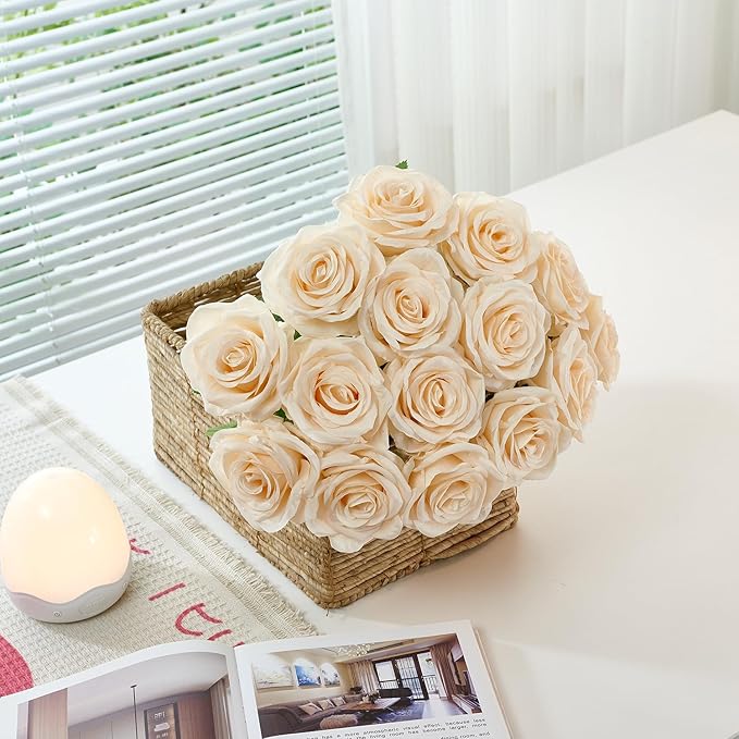 50Pcs Champagne Roses Artificial Flowers Artificial Silk Roses Bulk,Fake Roses Flower with Stems Realistic Flowers for Wedding Centerpiece Home Party Decor