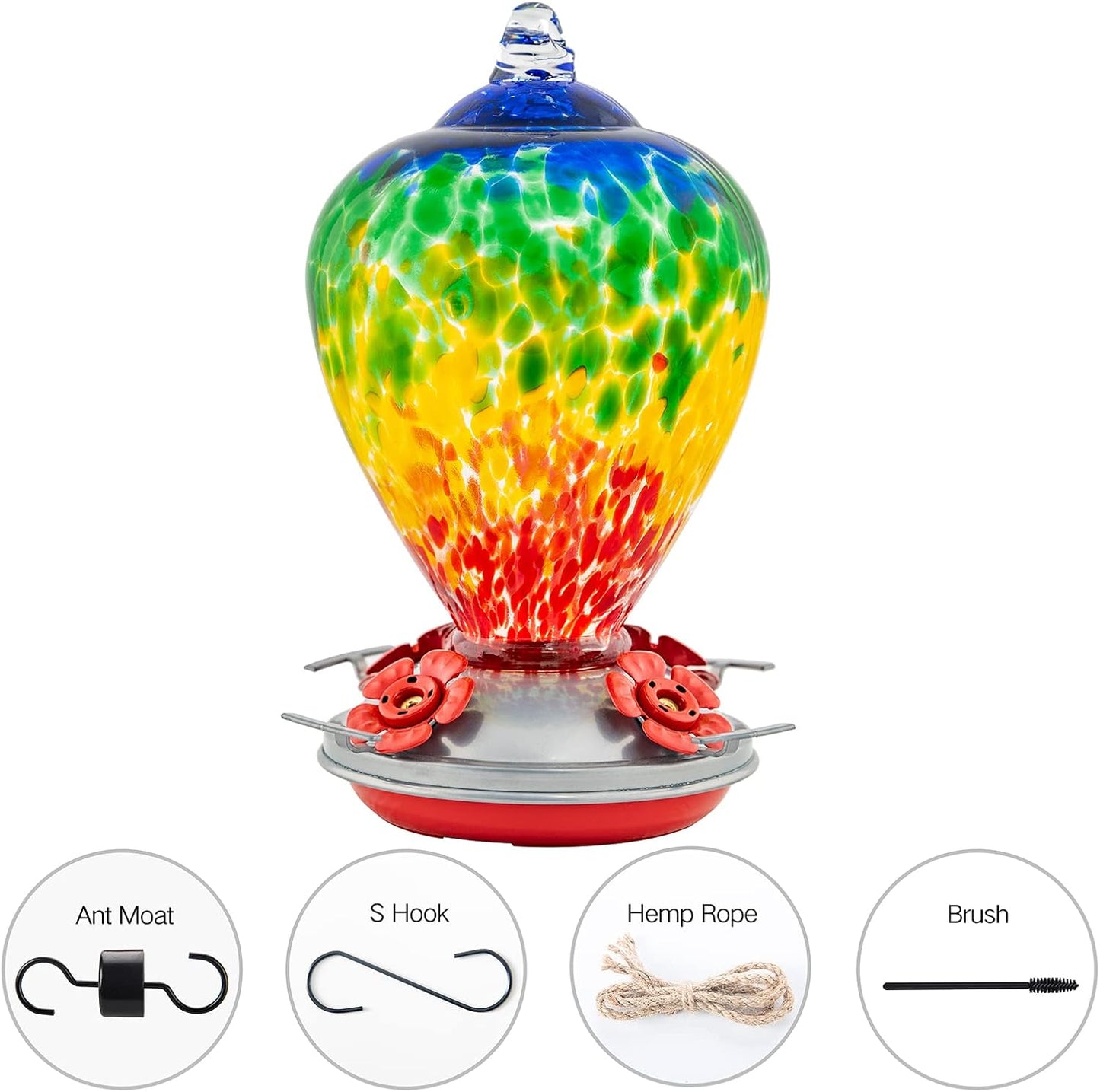Hummingbird Feeders, 34OZ Hand Blown Glass Hummingbird Feeder for Outdoors Hanging with Ant MoatHooks, Perfect for Gardening Yard Patio Decor Gifts (Rainbow)