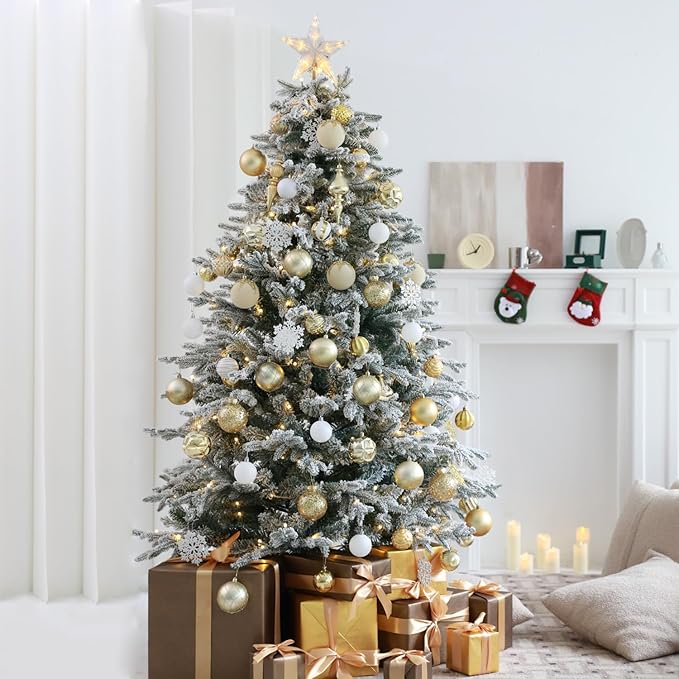 Christmas Tree Ornaments Decorations Set-116ct 1.18-6.5 Inch Assorted White Gold Shatterproof Decorative Hanging Christmas Ball Ornaments Bulk,Xmas Tree Tabletop Decorations for Holiday Decor