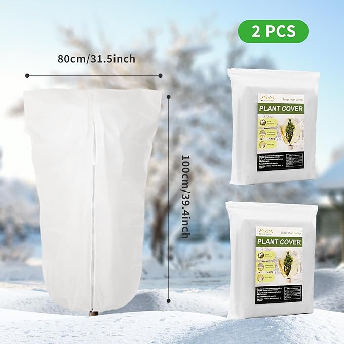 2 Pack 43"x32" Winter Plant Cover Freeze Protection, 3 oz/yd² Warm Shrub Covers with Zipper Drawstring, Frost Cloth Blankets for Fruit Tree Potted Plants Garden Cold Weather Protector