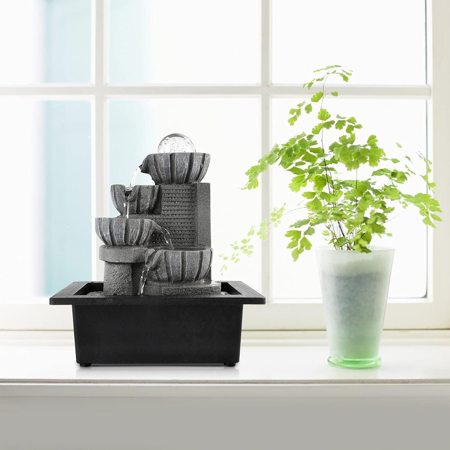 Dyna-Living Water Fountains Indoor Tabletop Water Fountain with LED Rolling Ball Feng Shui Waterfall Fountain for Modern Home Decor Office Living Room Decoration