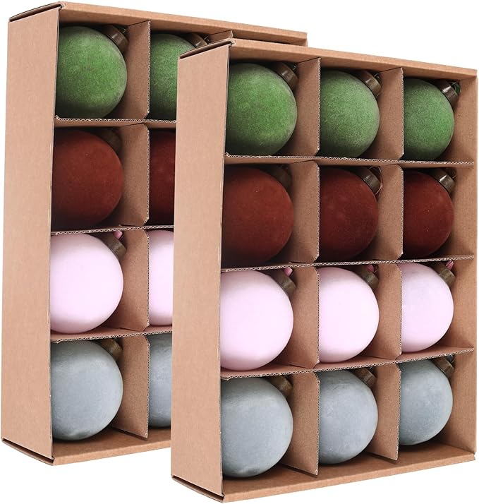 24 Pcs Velvet Christmas Balls Bulk Shatterproof Plastic Christmas Tree Decorations for Decorative Hanging Baubles (24, Green、Brown、Pink、Haze Blue, 3.15Inch)