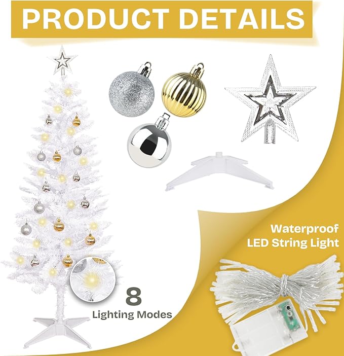 Sunshine White Christmas Tree with Light 4ft Artifical Full Christmas Tree with Ball & Star Ornaments 8 Lighting Modes for Holiday Decor