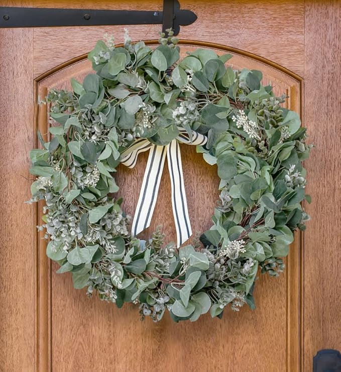 Ouddy Decor Eucalyptus Garland 6.56 Ft Lush Silver Dollar Leaves Boxwood with White Buds Artificial Faux Greenery Vines for Baby Shower Wedding Party Table Runner Room Home Mantle Decor