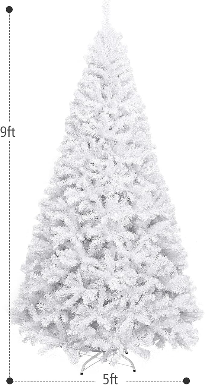 HAPPYGRILL 9 Feet White Artificial Christmas Tree with 2132 PVC Branch Tips Unlit Hinged Xmas Pine Tree with Sturdy Metal Base, Artificial Pine Tree for Indoor Outdoor Decor