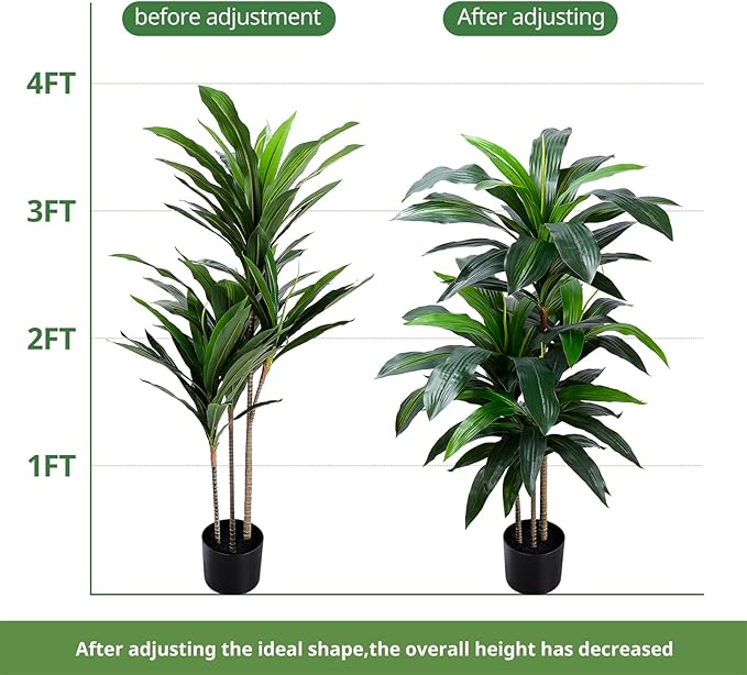 Artificial Dracaena Tree 4FT, Fake Tree with Plastic Pot, Fake Tropical Yucca Floor Plant, Lifelike Foliage and Branches, Artificial Plants Indoor for Home Office Living Room Decor Indoor