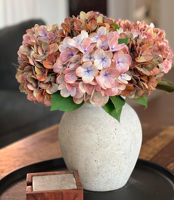 4PCS Latex Faux Real Touch Hydrangea Artificial Flowers，23 inch Fall Brown Fake Silk Hydrangeas，Soft Hydrangeas with Long Stems & Leaves - Mix Fall