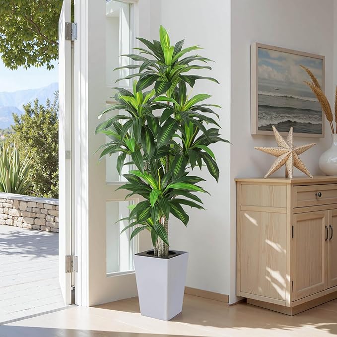 Artificial Dracaena Plant 6ft with White Tall Planter, Potted Artificial Dracaena Silk Plant, Fake Yucca Tree Plant, Home Office Floor Room Decor Plants Indoor Outdoor, Housewarming Gift