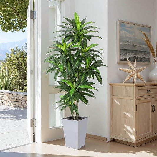 Artificial Dracaena Plant 6ft with White Tall Planter, Potted Artificial Dracaena Silk Plant, Fake Yucca Tree Plant, Home Office Floor Room Decor Plants Indoor Outdoor, Housewarming Gift