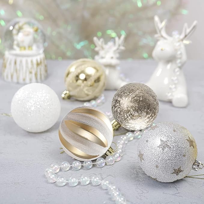 Christmas Ball Ornaments Set, 20ct 60mm Elegant White and Gold Assorted Christmas Tree Decorations, Shatterproof Christmas Tree Hanging Ornaments for Xmas Decoration