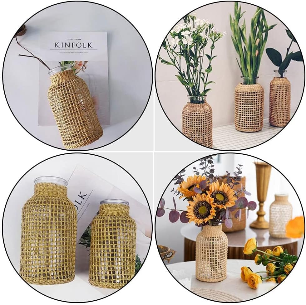 DOITOOL Glass Flower Vase With Rattan Cover, Round Decorative Woven Seagrass Farmhouse Floral Container for Arrangement Table Centerpiece Decor (Size S+L)