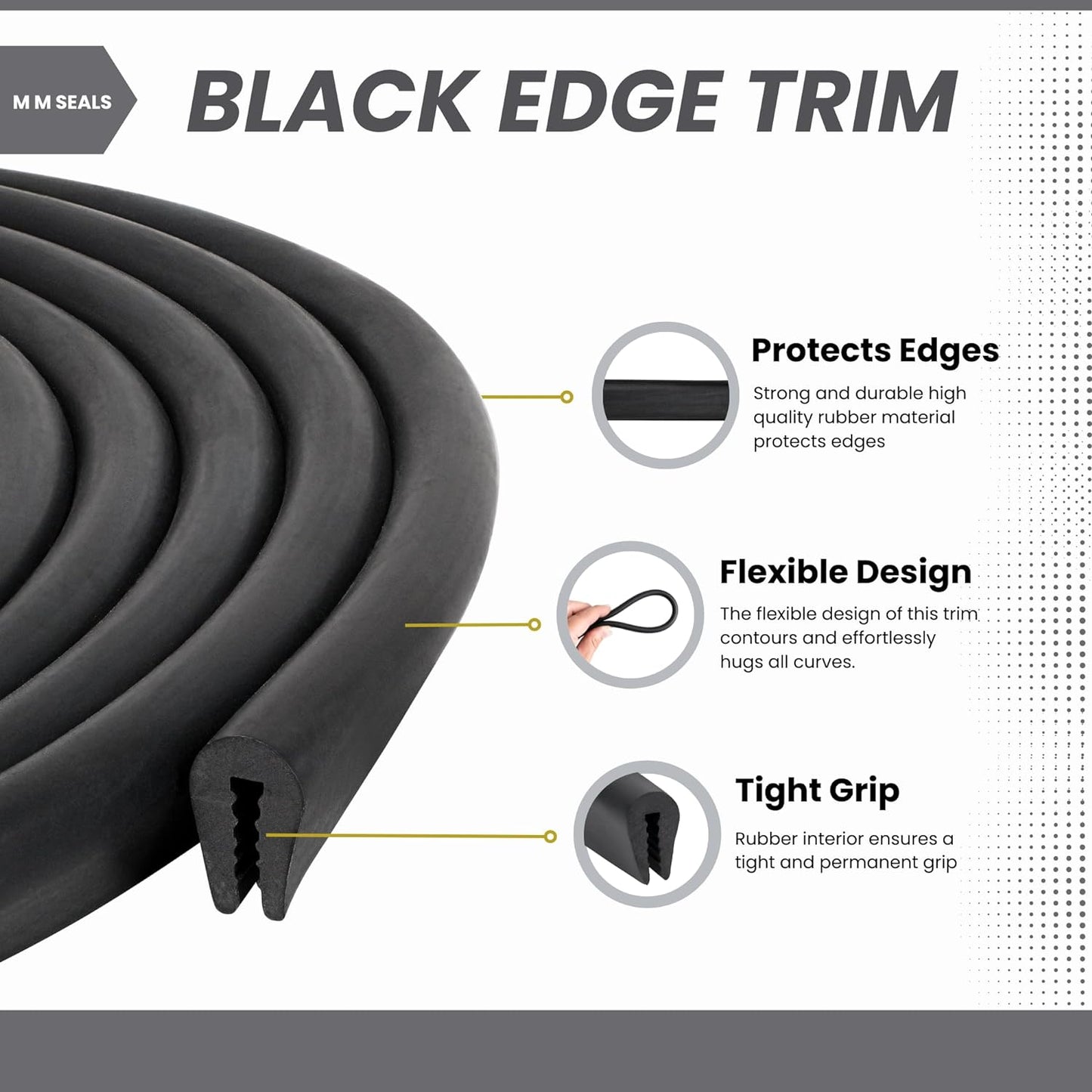 Black U Channel Edge Trim Seal EPDM 15/32" high x 19/64" Wide (50 Feet)