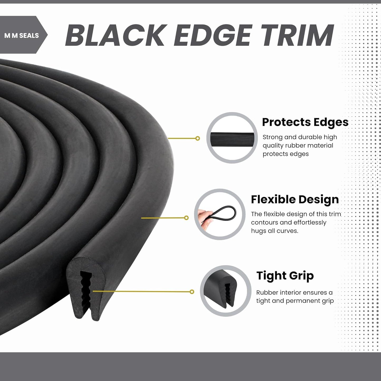 Black U Channel Edge Trim Seal EPDM 15/32" high x 19/64" Wide (15 Feet)