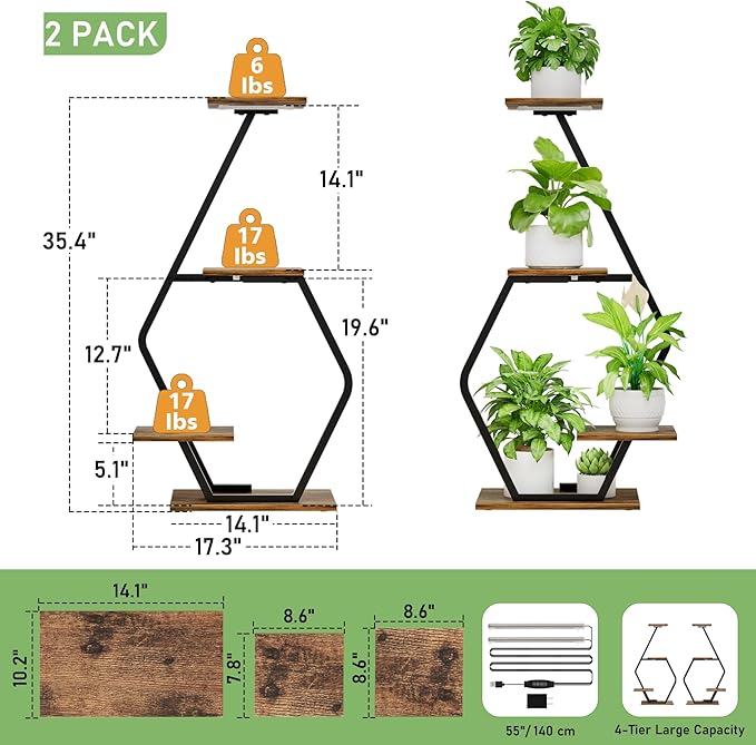 Plant Stand Indoor with Grow Light, 35'' Plant Shelf Corner Plant Stands for Indoor Plant, 2 Pack 4 Tiered Plant Holder for Home Decor, Plant Shelves for Multiple Plants