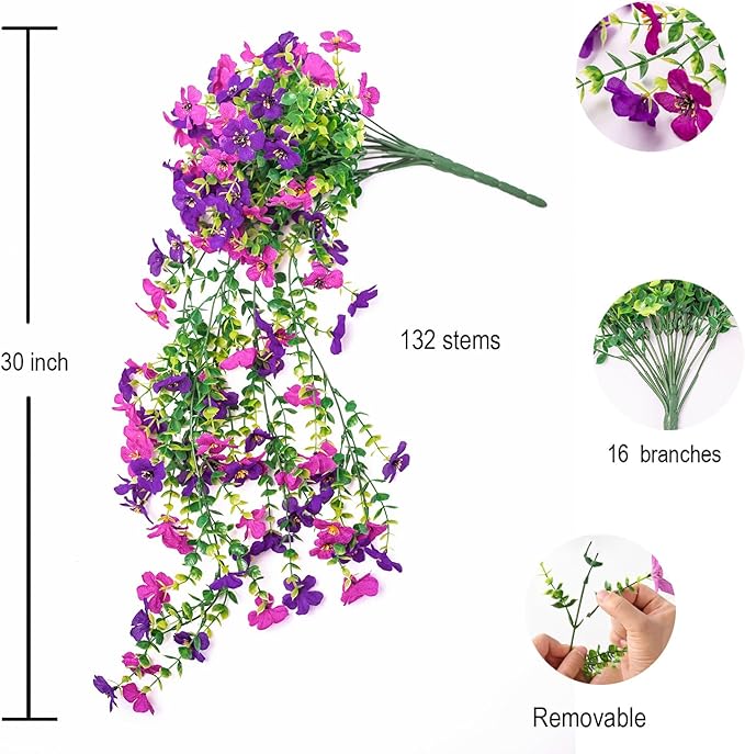 2 Packs Artificial Hanging Fake Flowers for Outdoors UV Fade Resistant Plastic Faux Plants Outside 30 inch 132 Stems Daisy Eucalyptus for Gardens Patio Porch Yard Indoor Home Decorations