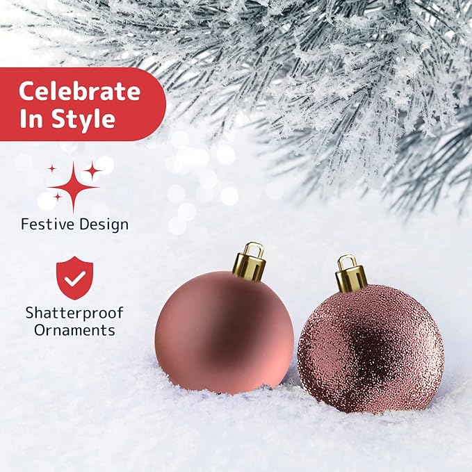 Prextex 36-Pieces Christmas Ornaments Set - Shatterproof, Festive Christmas Balls Decorations in 3 Sizes and 6 Styles with Hanging Loops for Tree, Wreath, and Dazzling Holiday Party Decor - Rose Gold