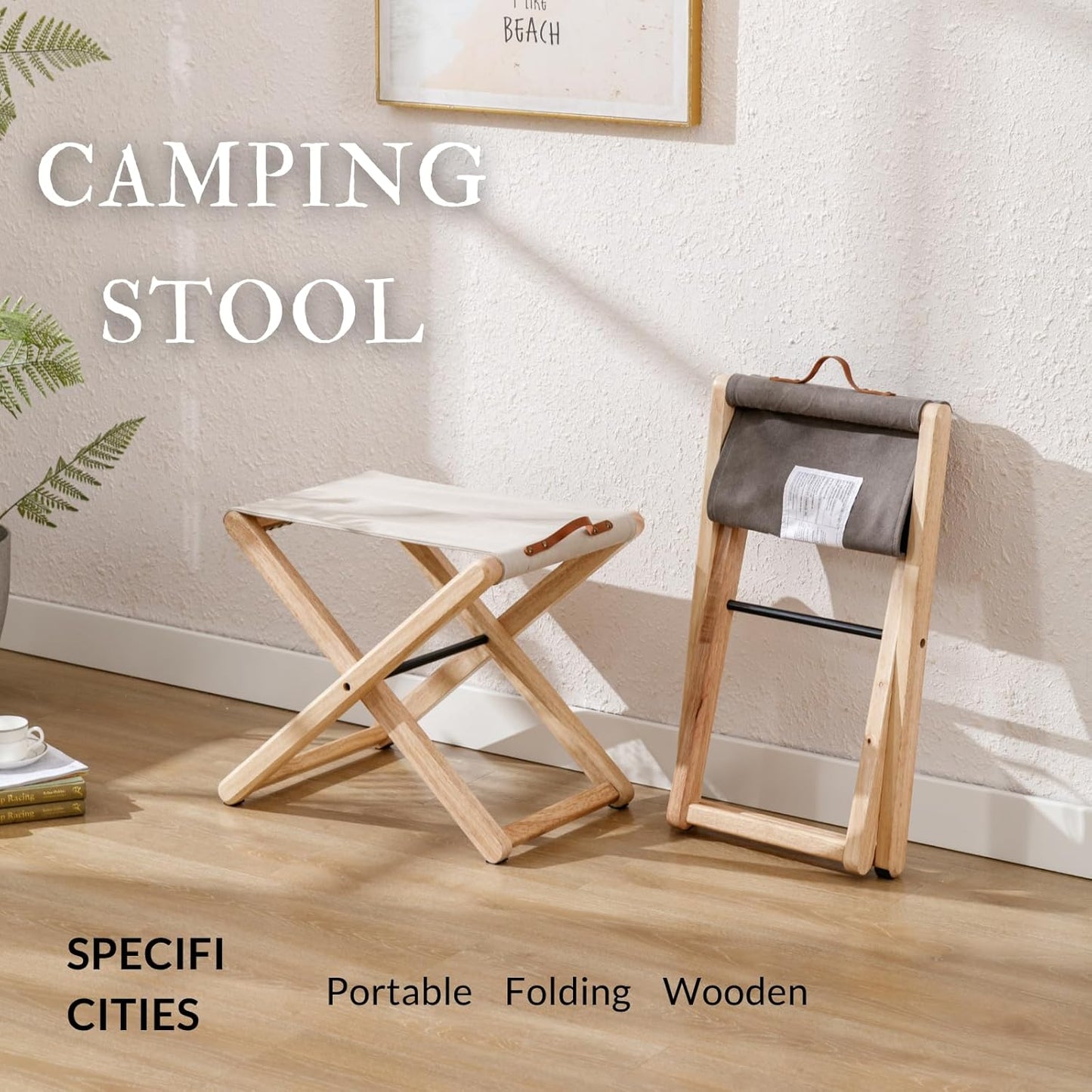 Folding Camping Stools Set of 4, Canvas Folding Stool with Wood Legs Portable Camp Stool Chairs for Outdoor Fishing Picnic Travel BBQ, Beige