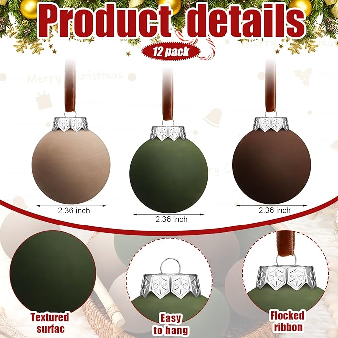 12 Pcs Neutral Matte Christmas Ball Ornaments 2.4 Inch Rustic Boho Brown Green Tan Xmas Bulbs Ornament Vintage Xmas Baubles Modern Christmas Decor for Tree Farmhouse Decor